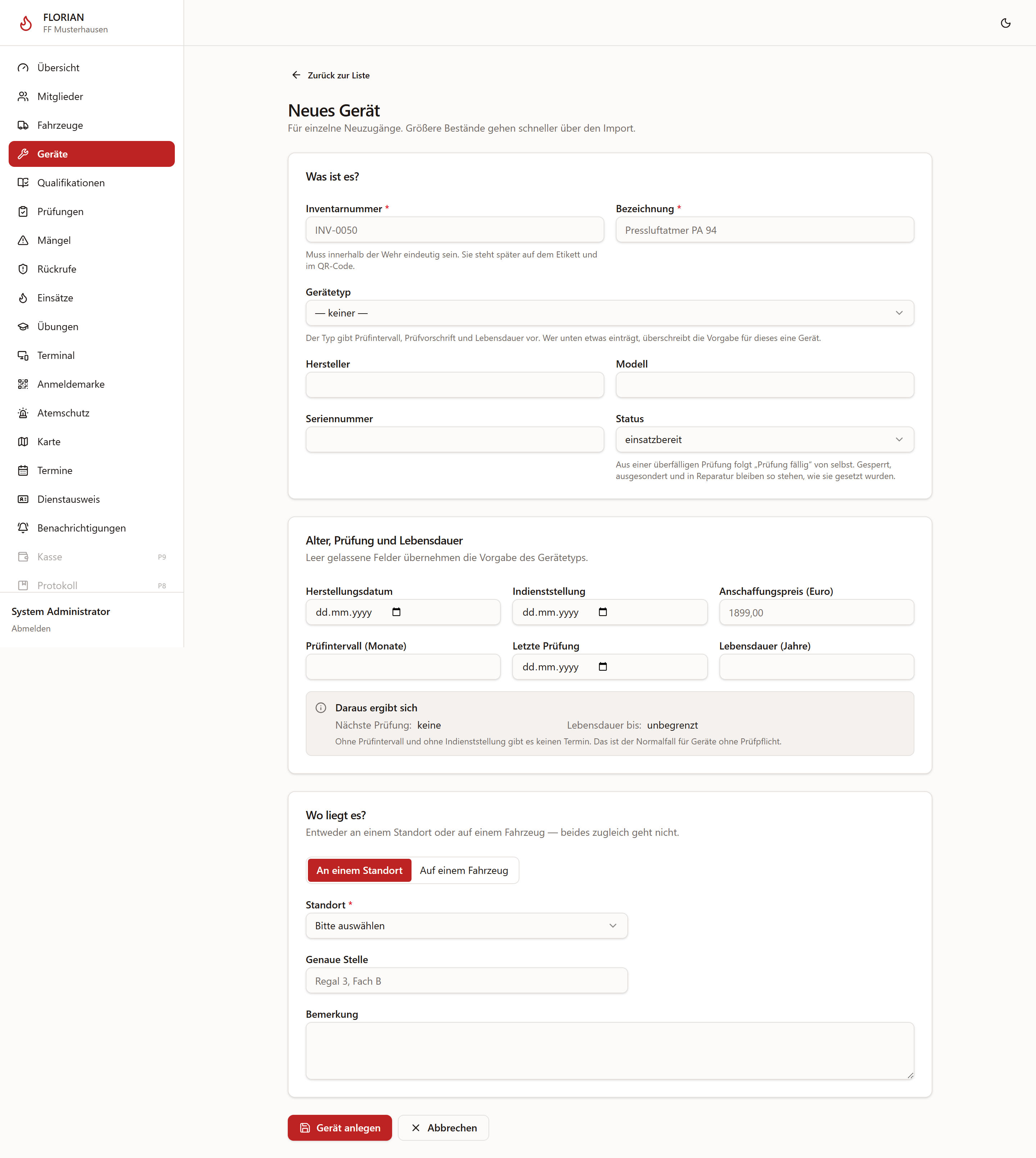 Formular für ein neues Gerät