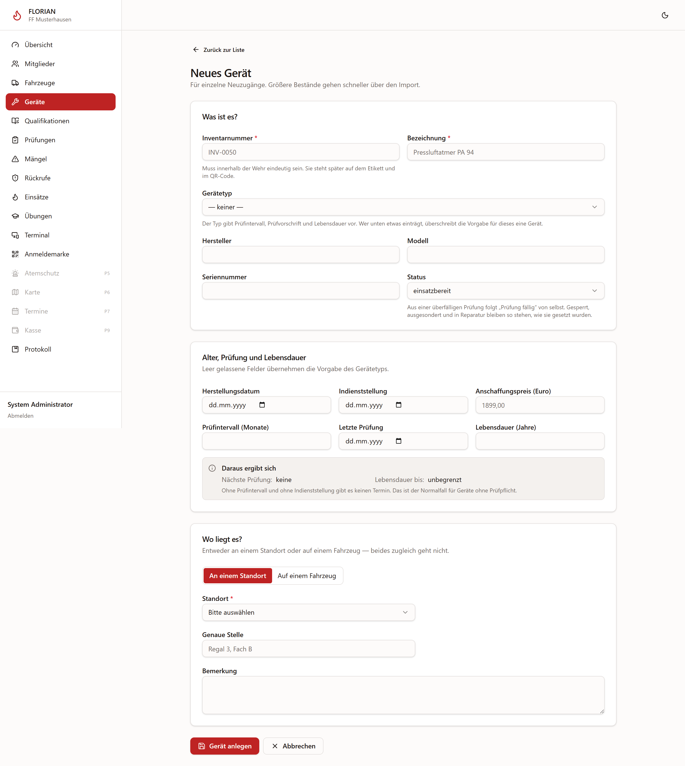 Formular für ein neues Gerät