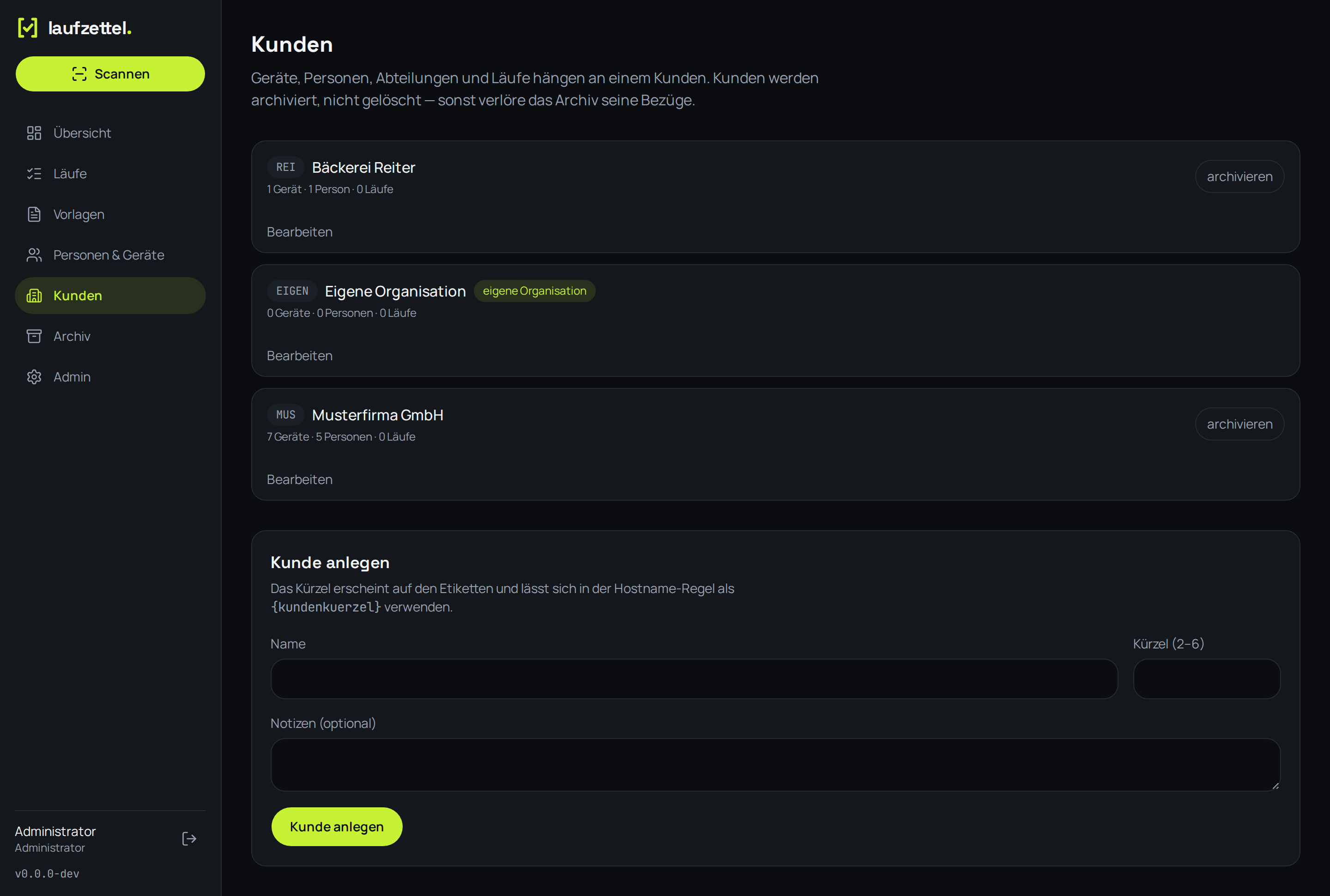 Die Kundenliste mit Kürzel, Zählung und der eigenen Organisation
