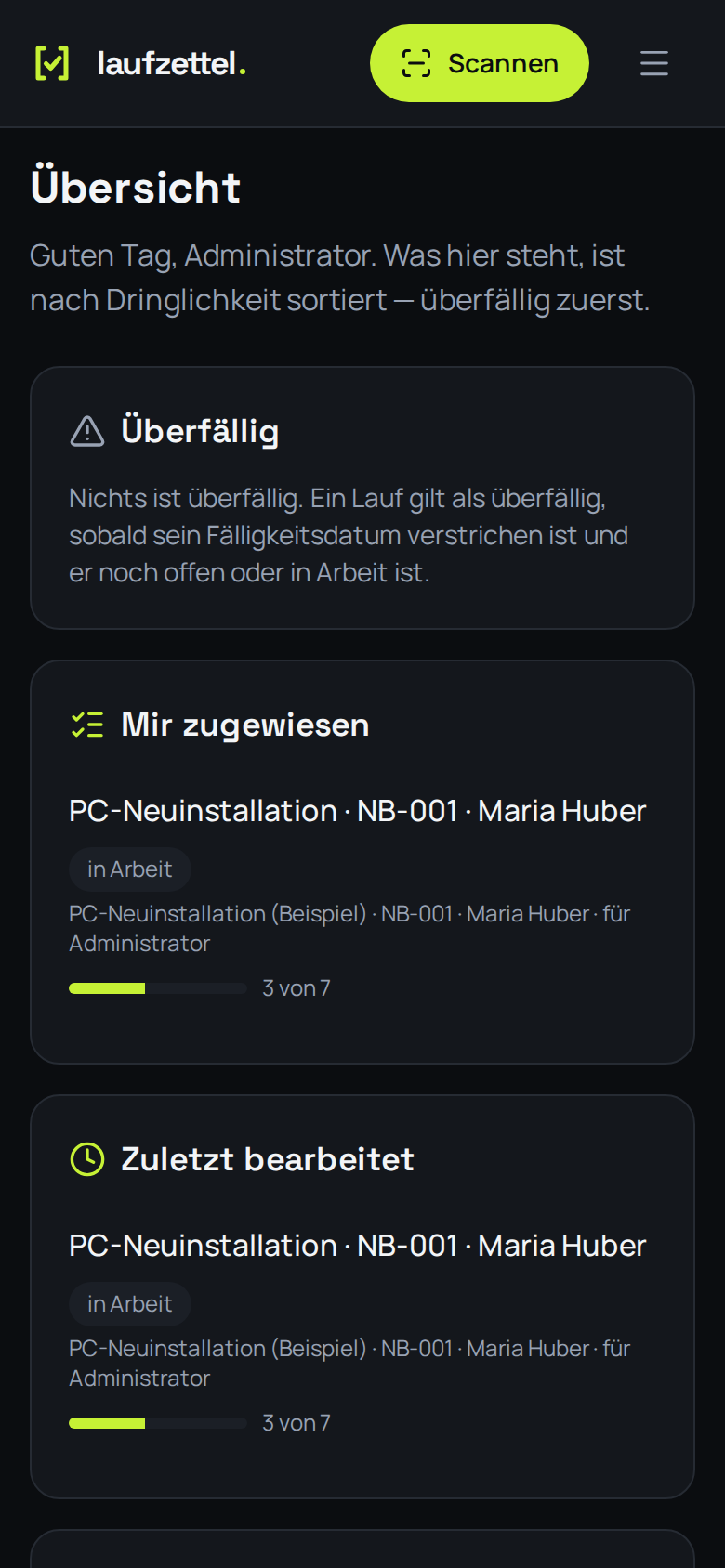 Die Übersicht am Handy mit Kopfzeile, Scannen-Knopf und Menü