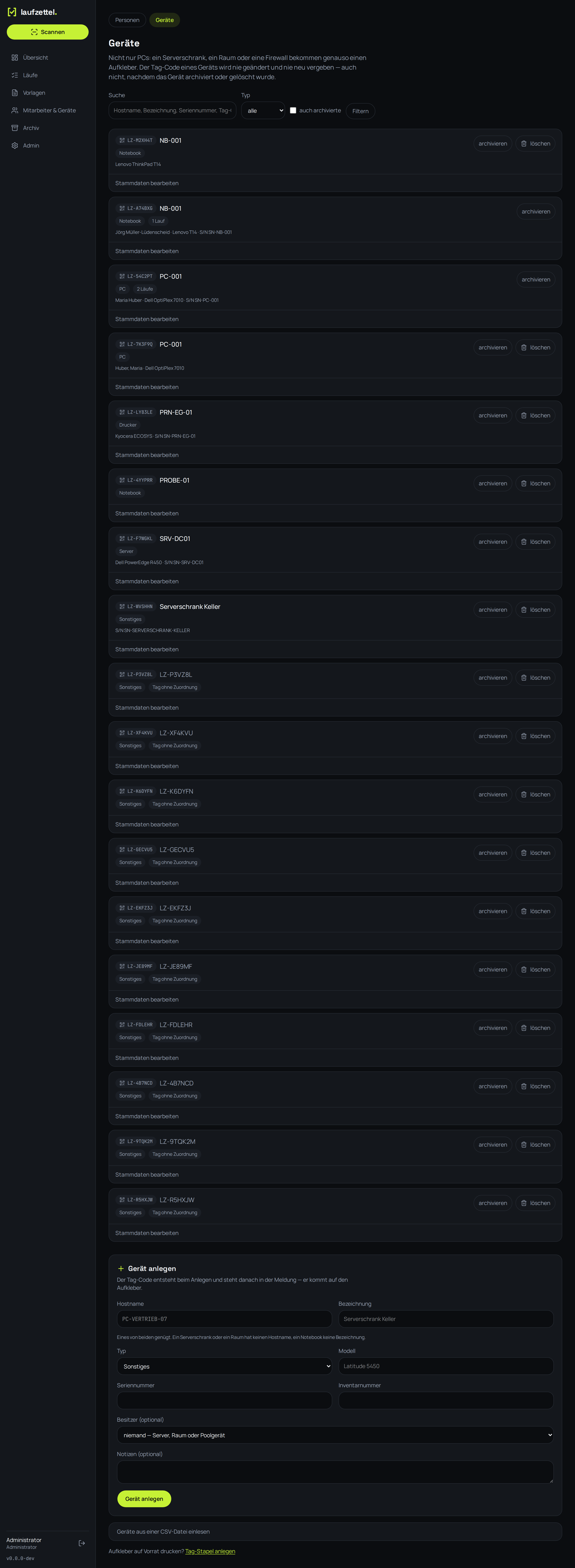 Die Geräteliste mit Filtern, Kennzeichen und Aktionen