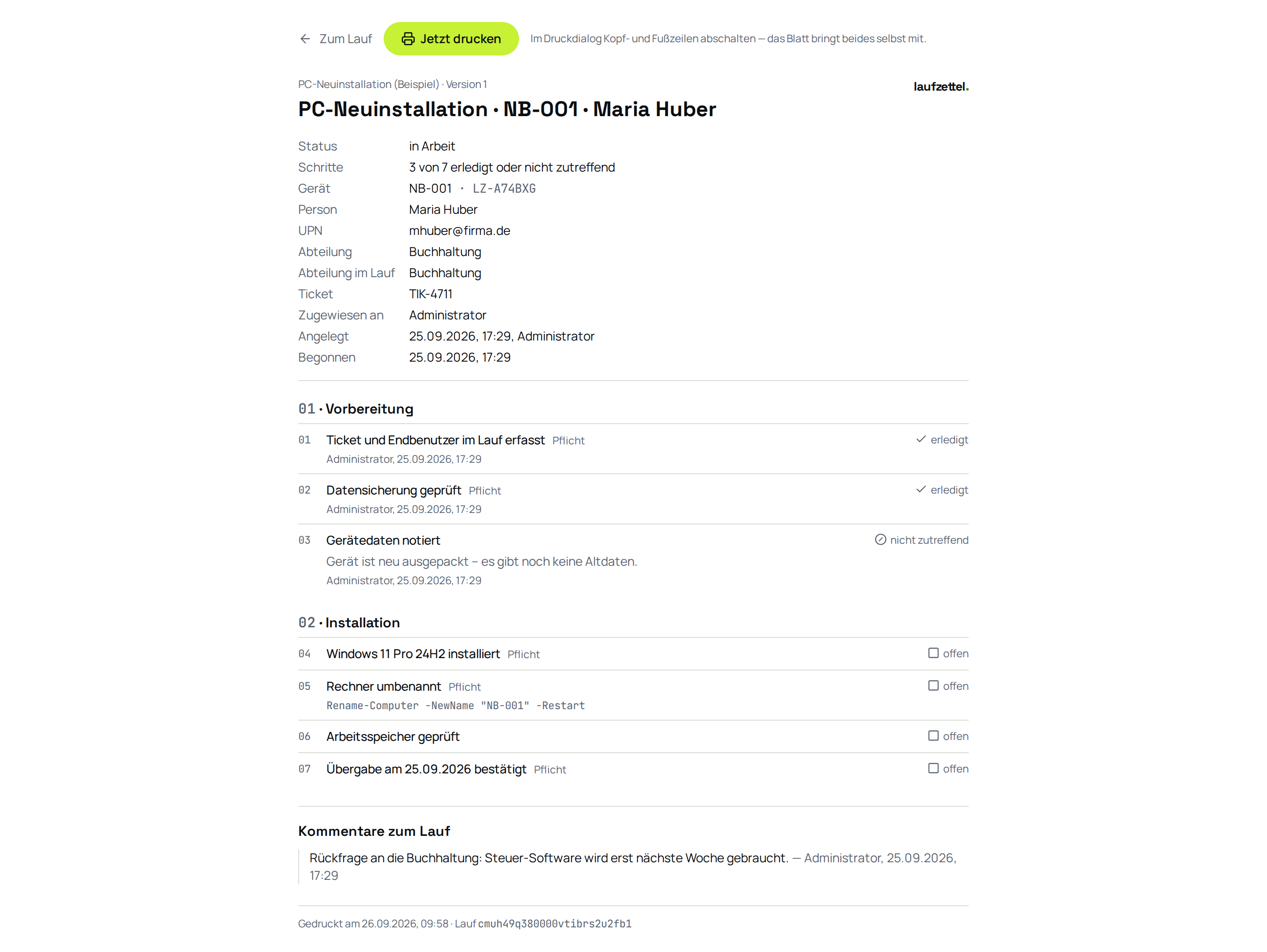 Die Druckansicht eines Laufs auf A4, hell und ohne Navigation