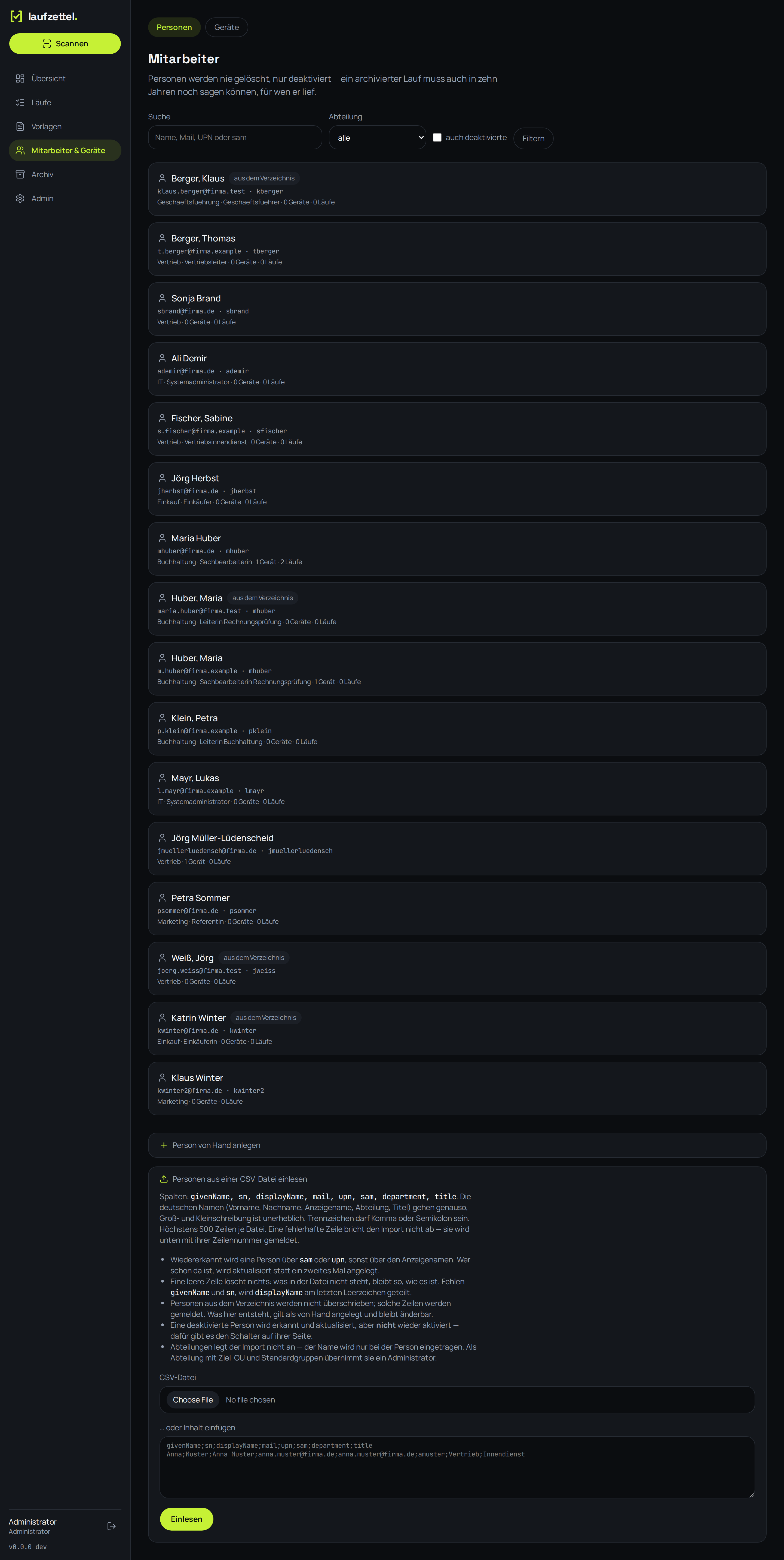 Der CSV-Import für Personen mit Spaltenliste und Meldungen je Zeile