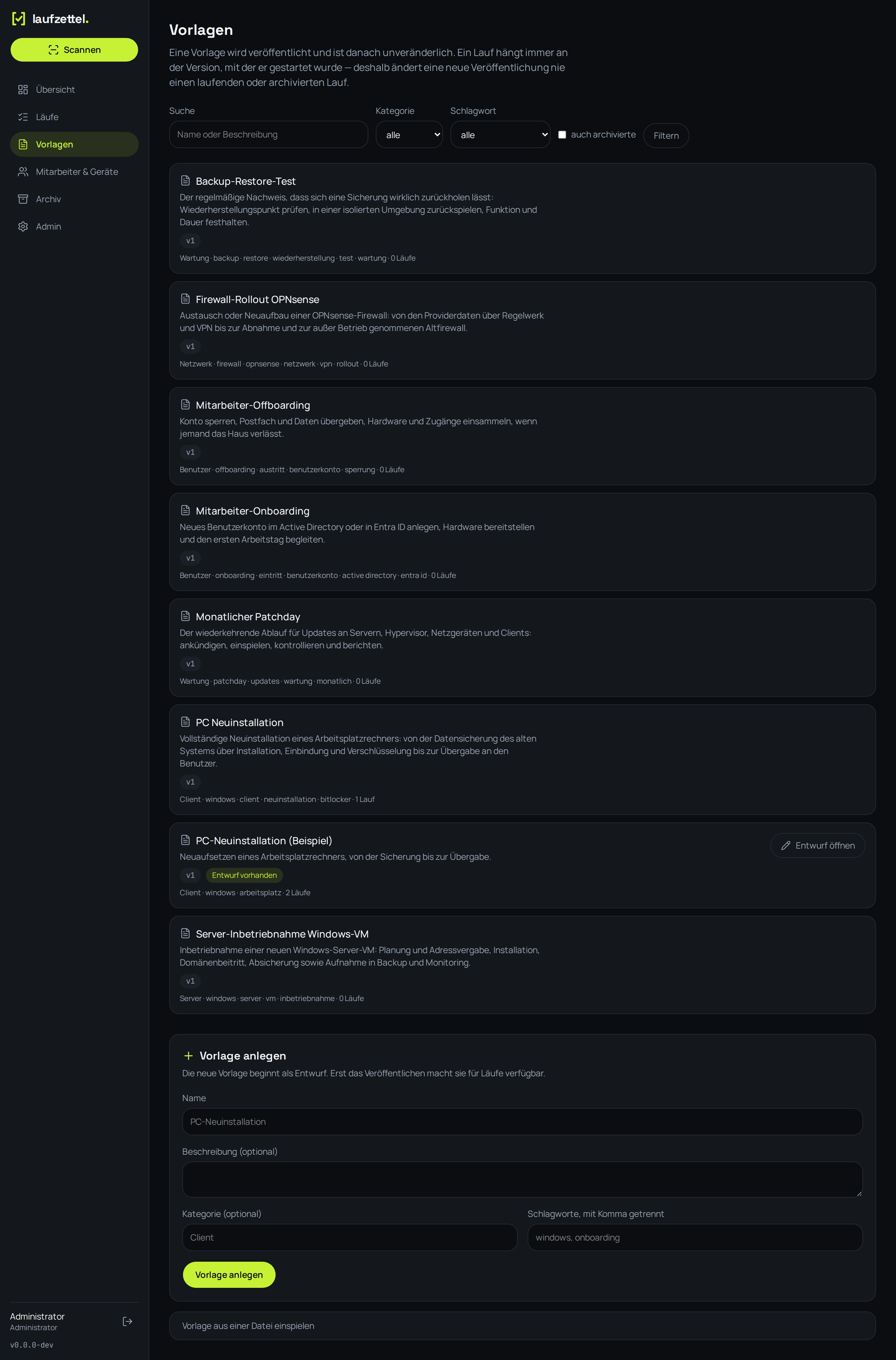 Die Vorlagenliste mit Filtern und Kennzeichen je Vorlage