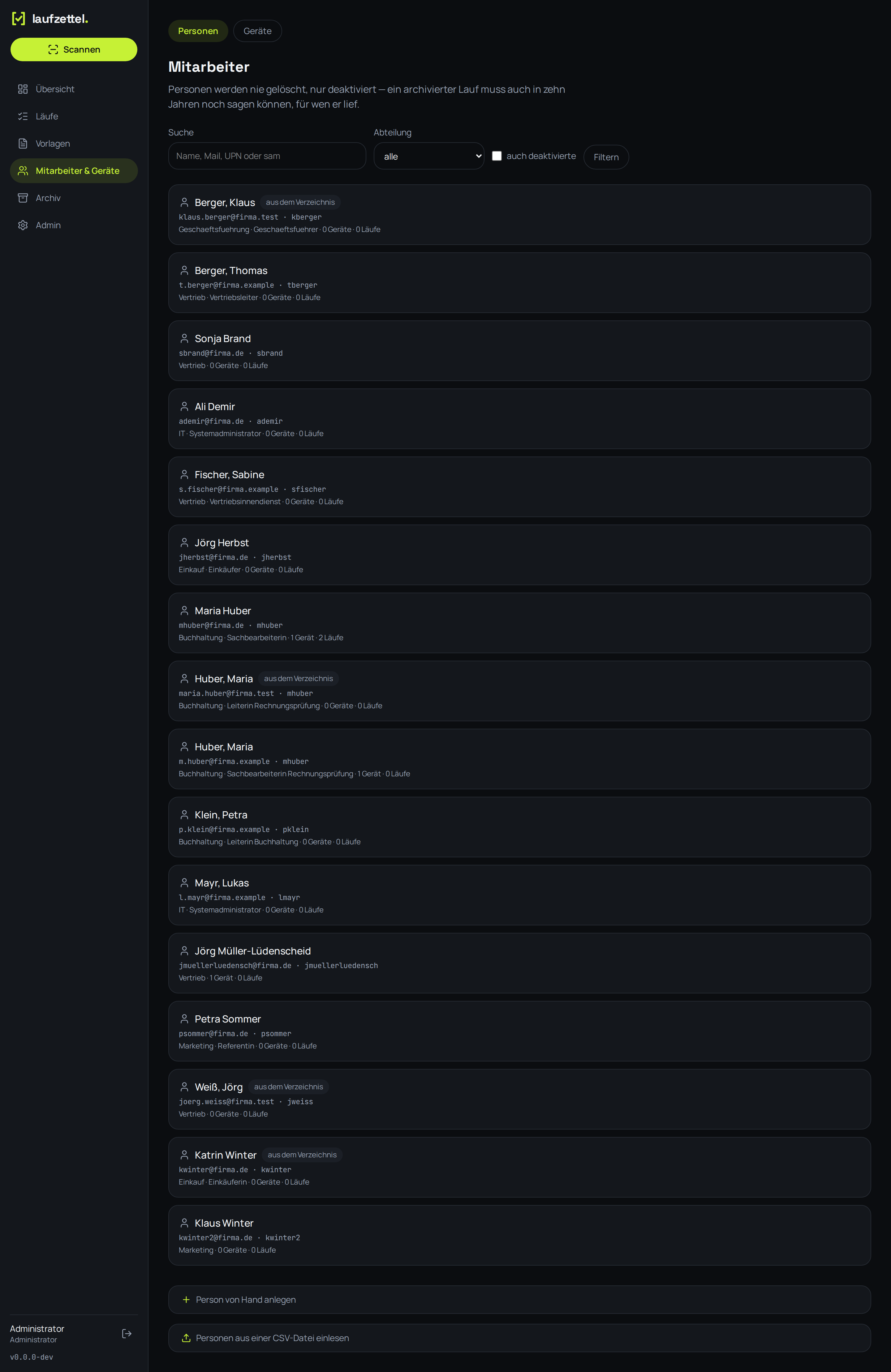 Die Personenliste mit Suche und Kennzeichen je Person