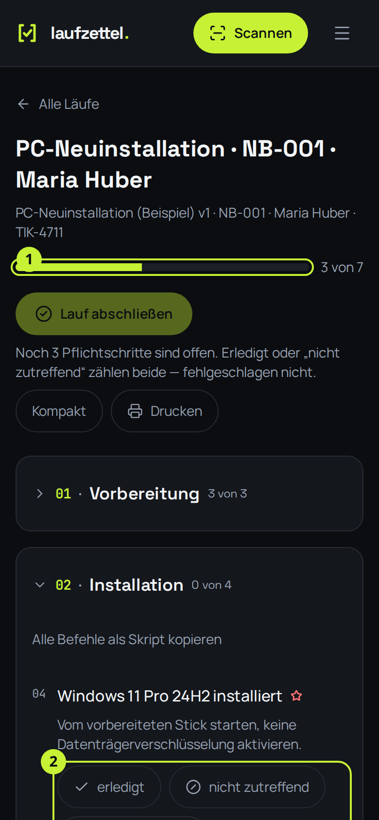 Ein Lauf am Handy, ein Abschnitt aufgeklappt