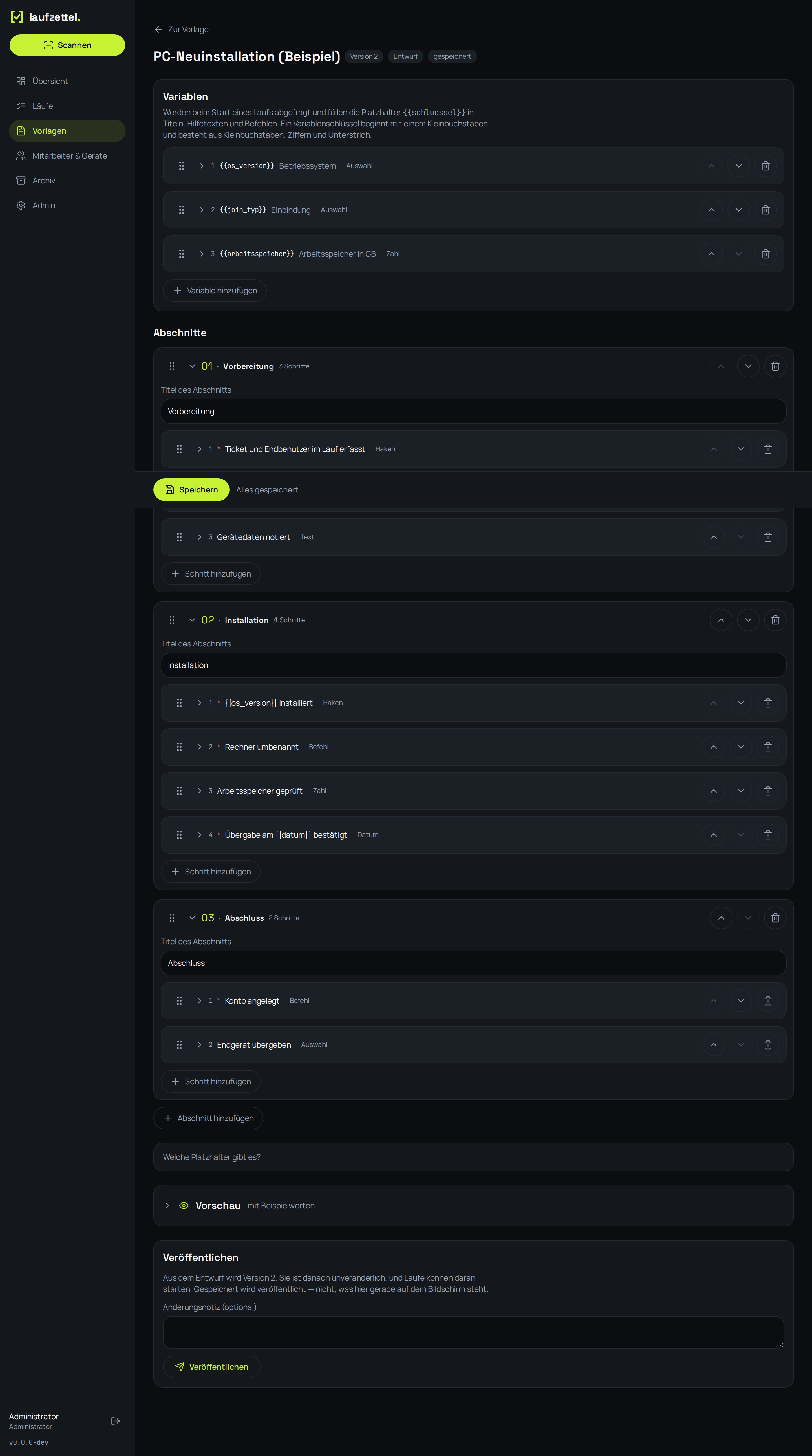Der Vorlagen-Editor mit Variablen, Abschnitten und Schritten