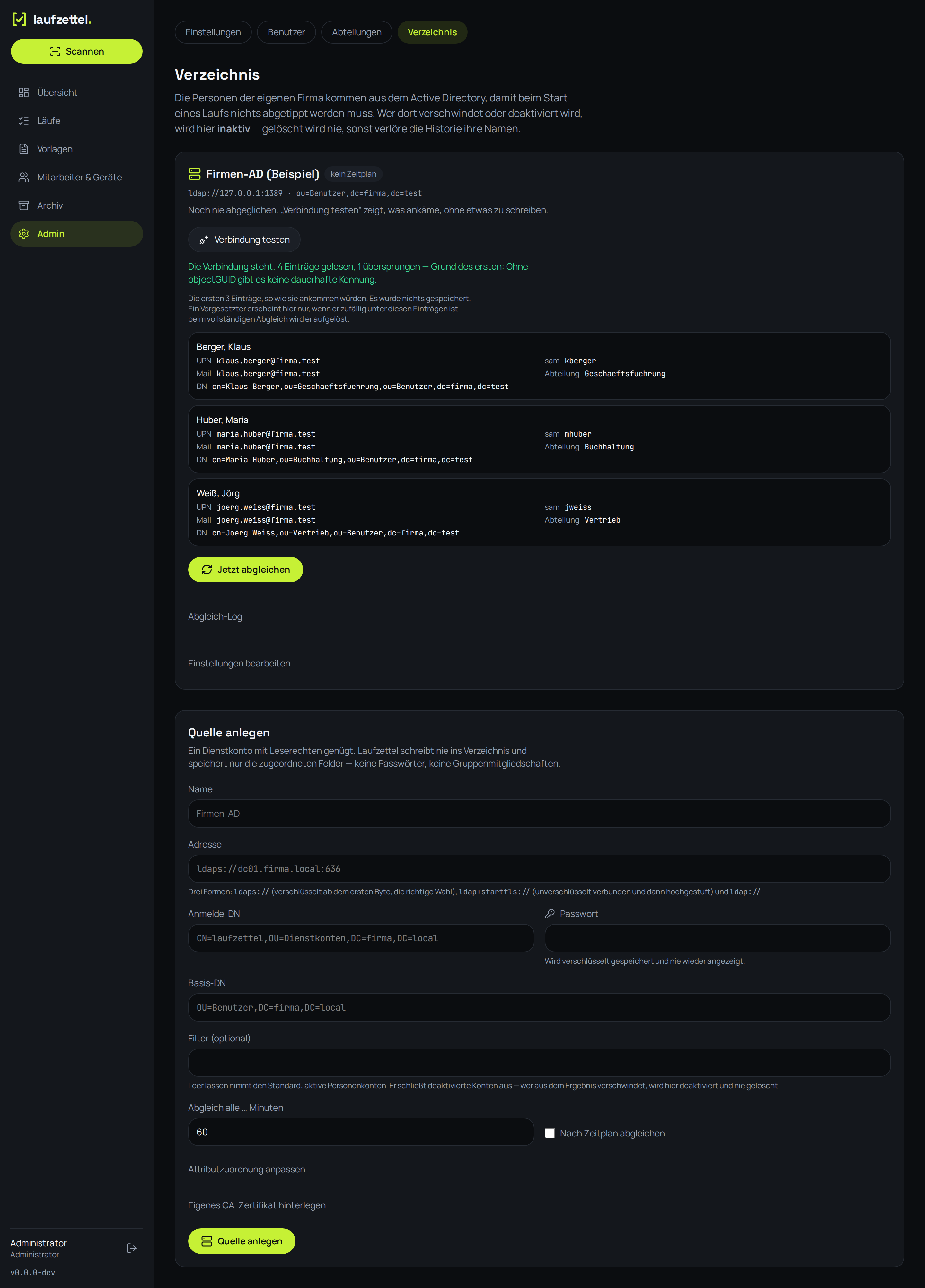 Das Ergebnis eines Verbindungstests: „Die Verbindung steht. 4 Einträge gelesen, 1 übersprungen“ und darunter die ersten drei Einträge mit UPN, Mail, DN, sam und Abteilung
