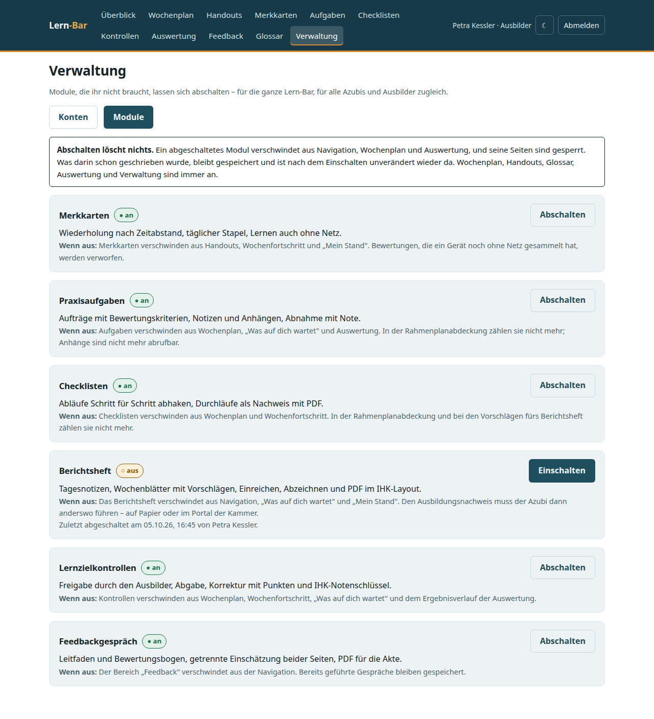 Verwaltung, Bereich Module, das Berichtsheft ist abgeschaltet