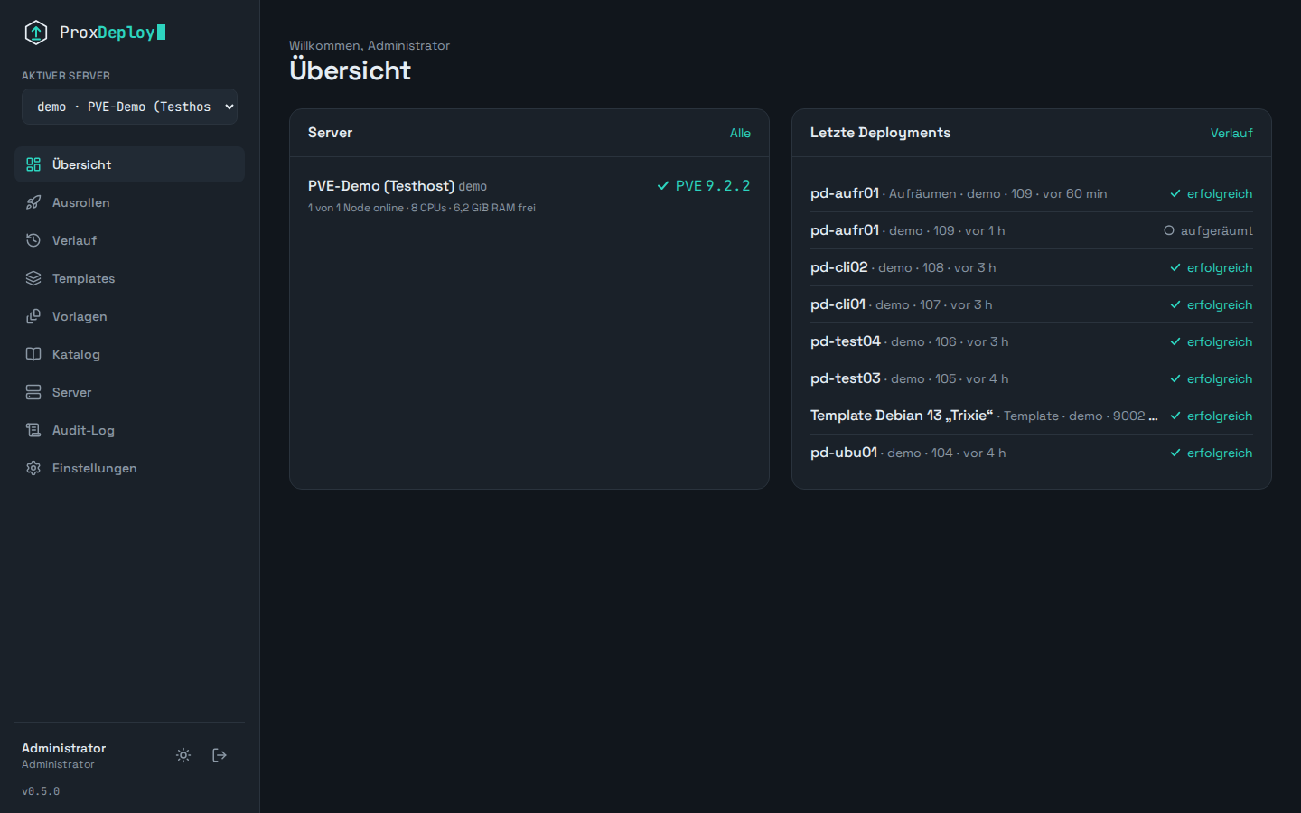 Übersicht mit Servern und letzten Deployments