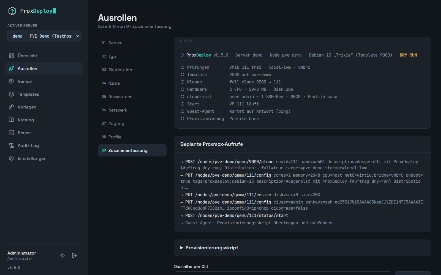 Zusammenfassung im Assistenten mit geplanten Proxmox-Aufrufen