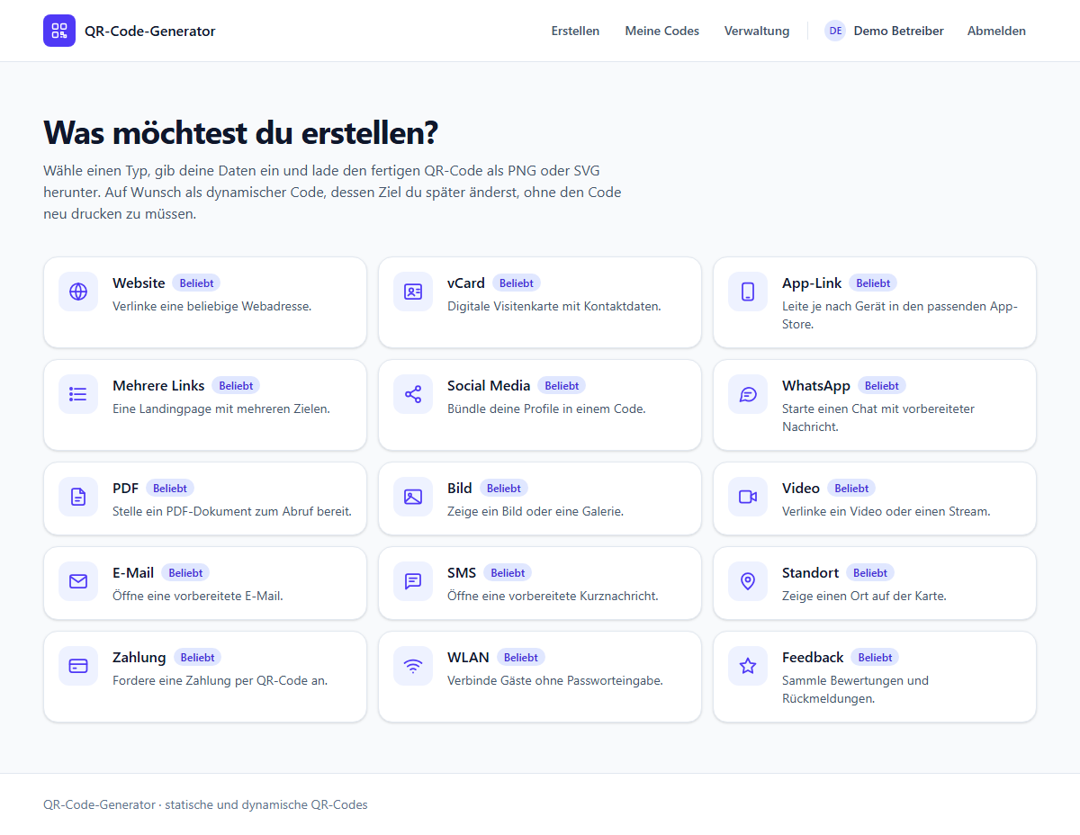 Startseite mit den QR-Typen