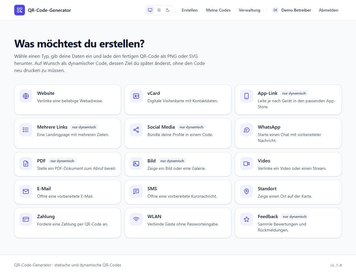 Startseite mit den QR-Typen