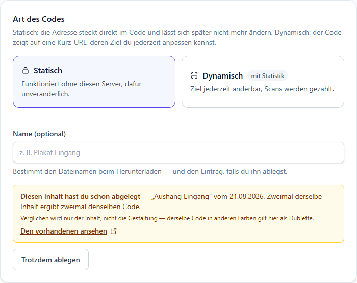 Warnung vor einem doppelt abgelegten Code