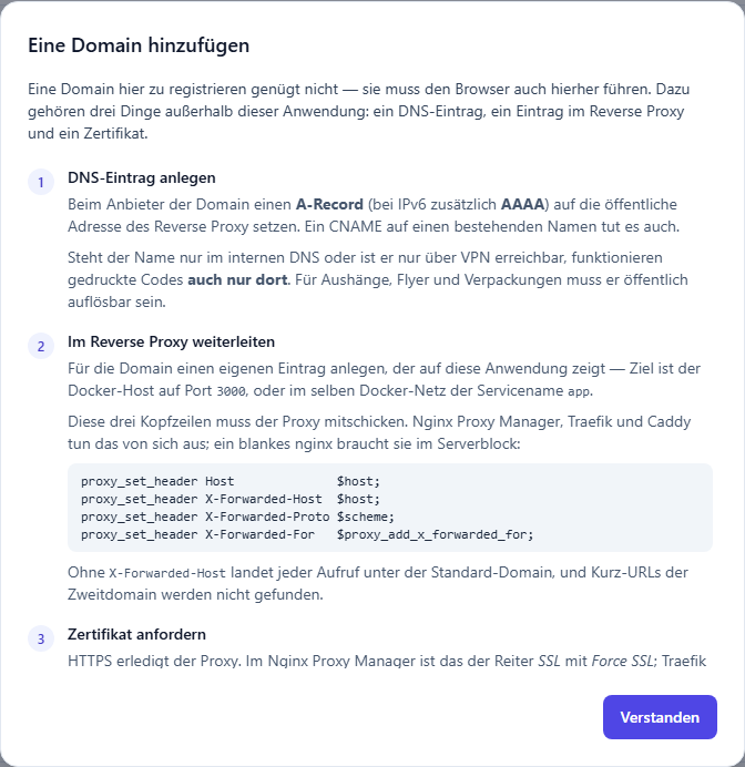 Die Kurzhilfe zum Hinzufügen einer Domain